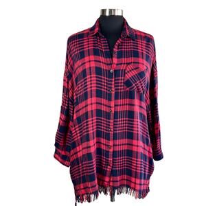 Umgee Red & Black Flannel Shirt Tunic with Fringed Hem Sz MED Oversize Casual